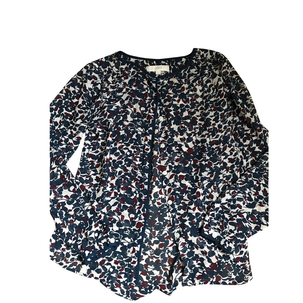 LOFT Womens Sheer Navy Blue Burgundy Floral Leaf Print Button Down Blouse Small
